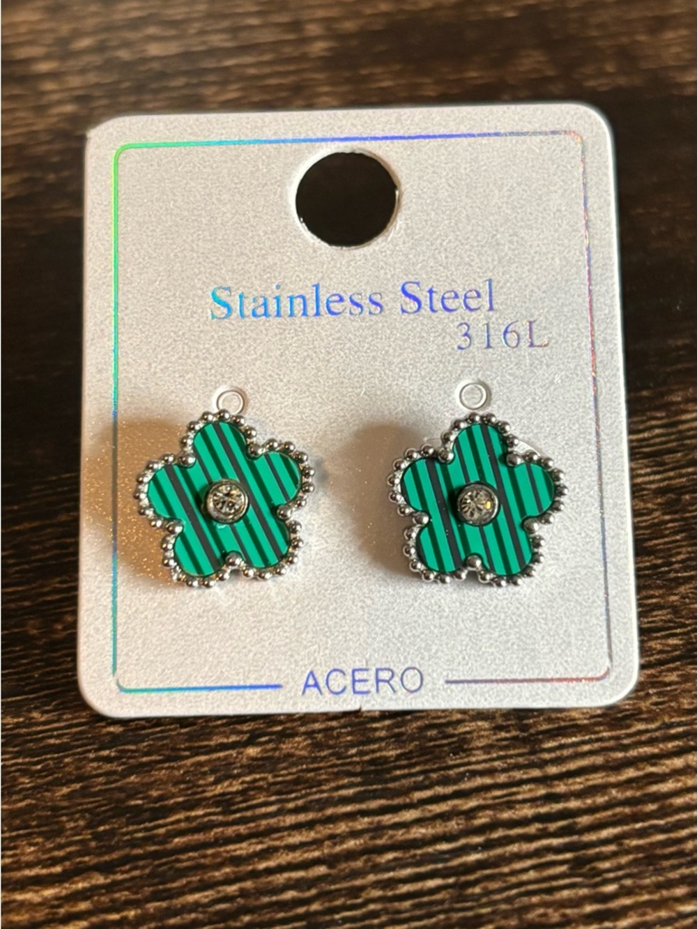 Stainless Steel Green‎ Stripe Clover Flower  Stud Earrings